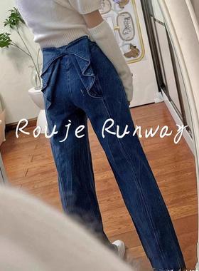 法式Rouje Runway覆古小众设计牛仔裤高腰显瘦蓝色直筒阔腿裤女