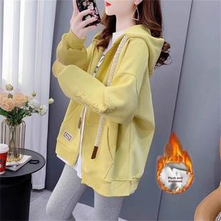 天鹅绒加厚中长度连帽开衫 粗花呢风格 冬季 2025新热风格 妇女服装