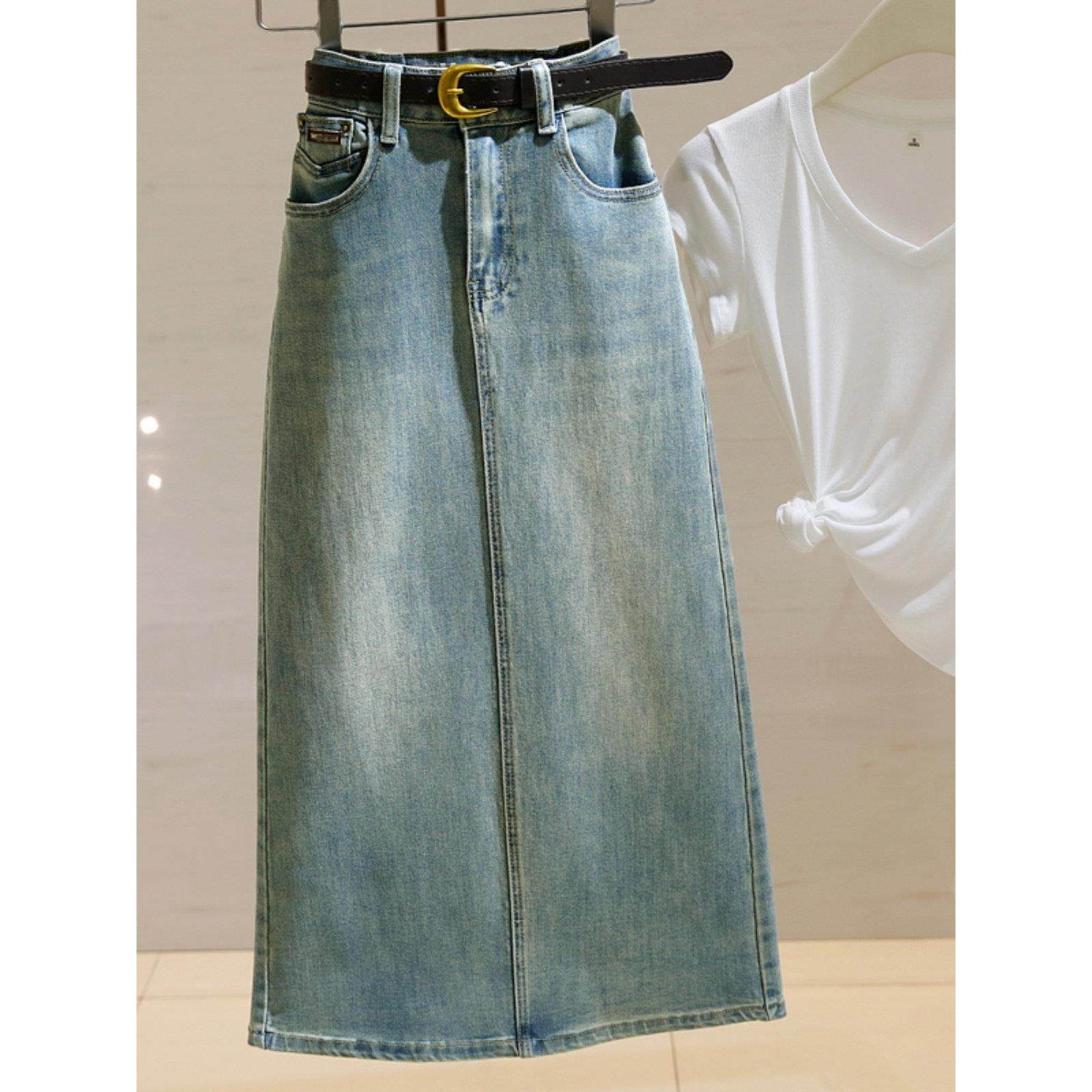 法国Rouje tusse蓝色牛仔半身裙女高腰遮胯显瘦弹力开叉a字包臀裙