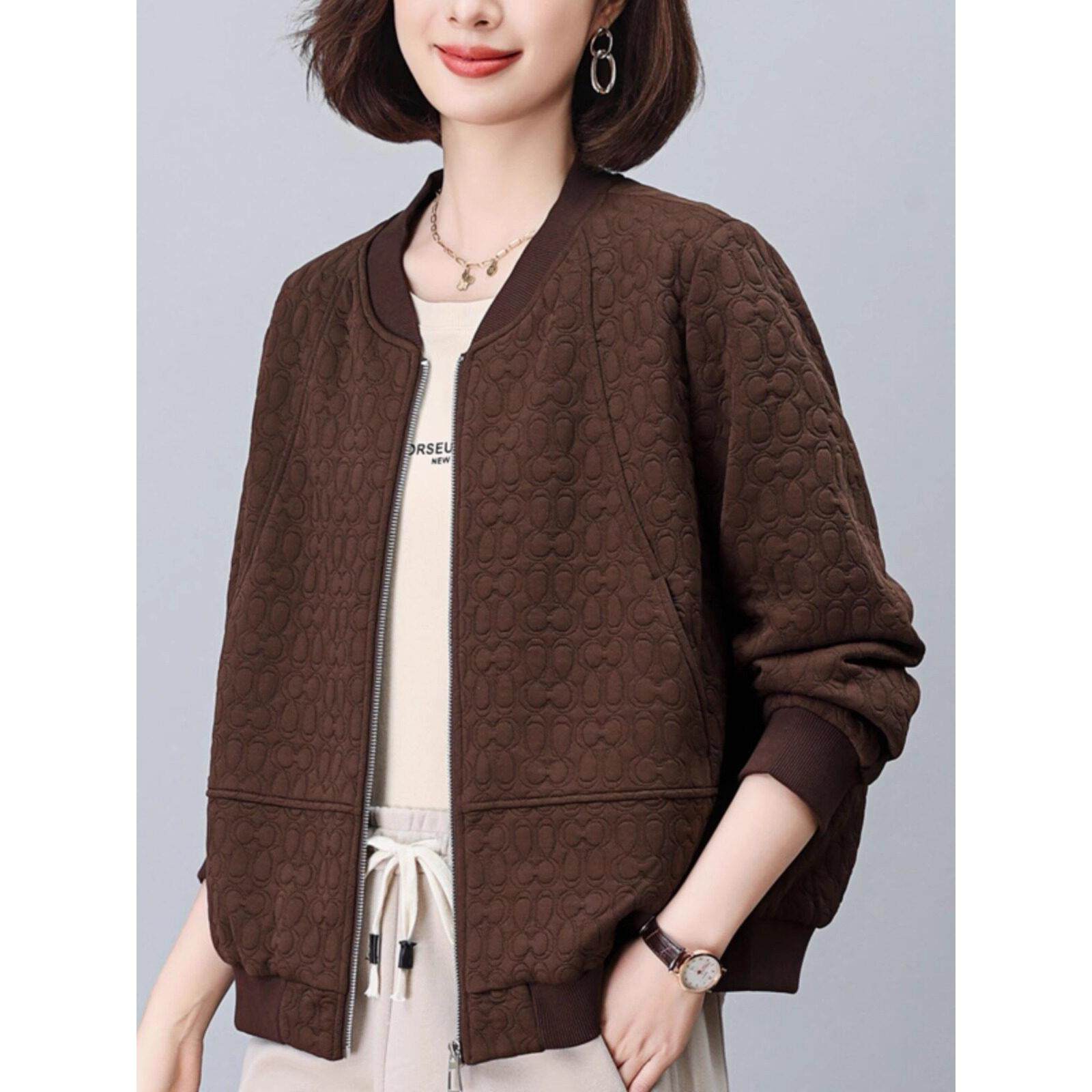 棒球服短款外套2025女秋新款拉炼开衫小个子中年妈妈圆领纯色上衣