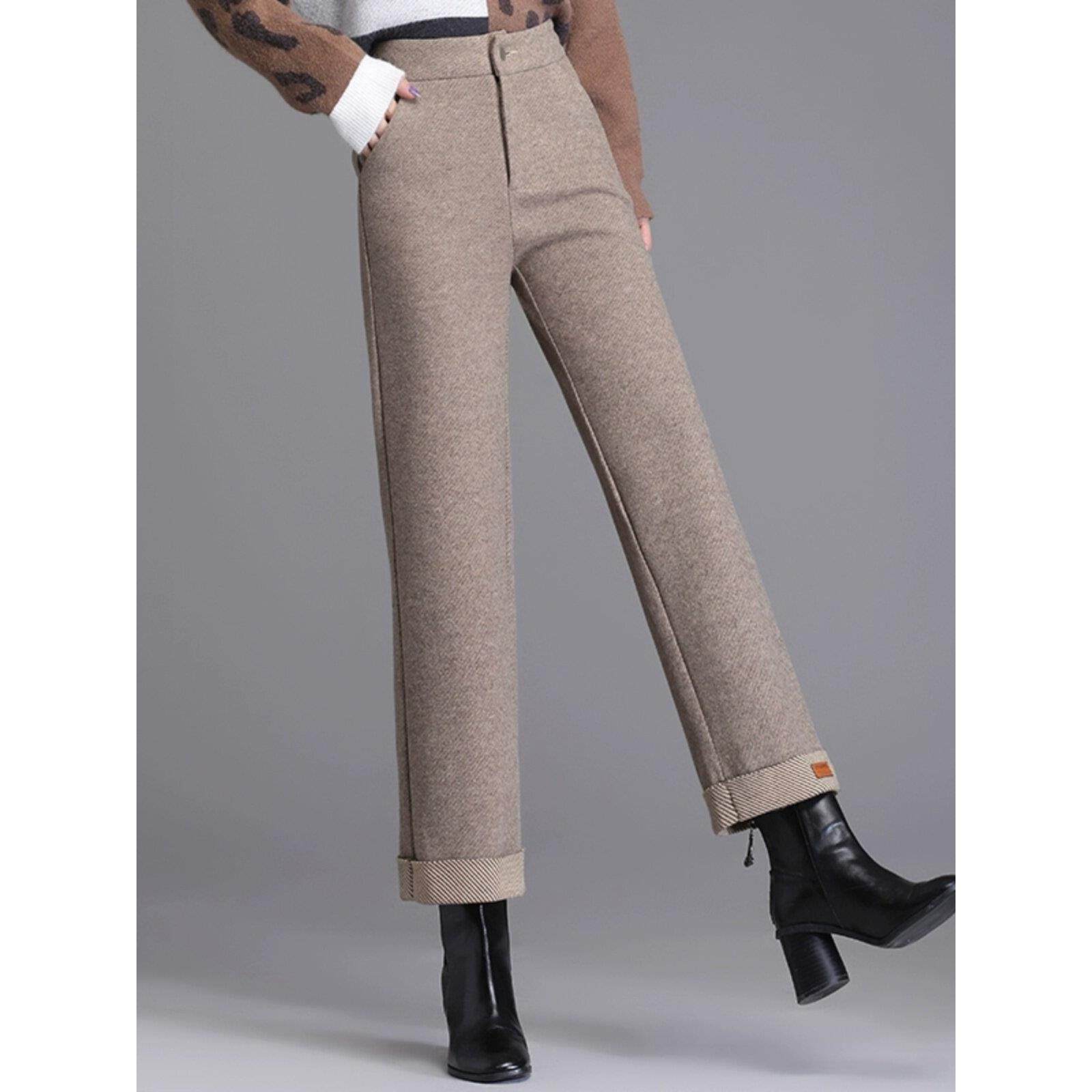 大码窄版阔腿裤女2025秋冬新款加绒加厚宽松九分裤毛呢直筒休闲裤