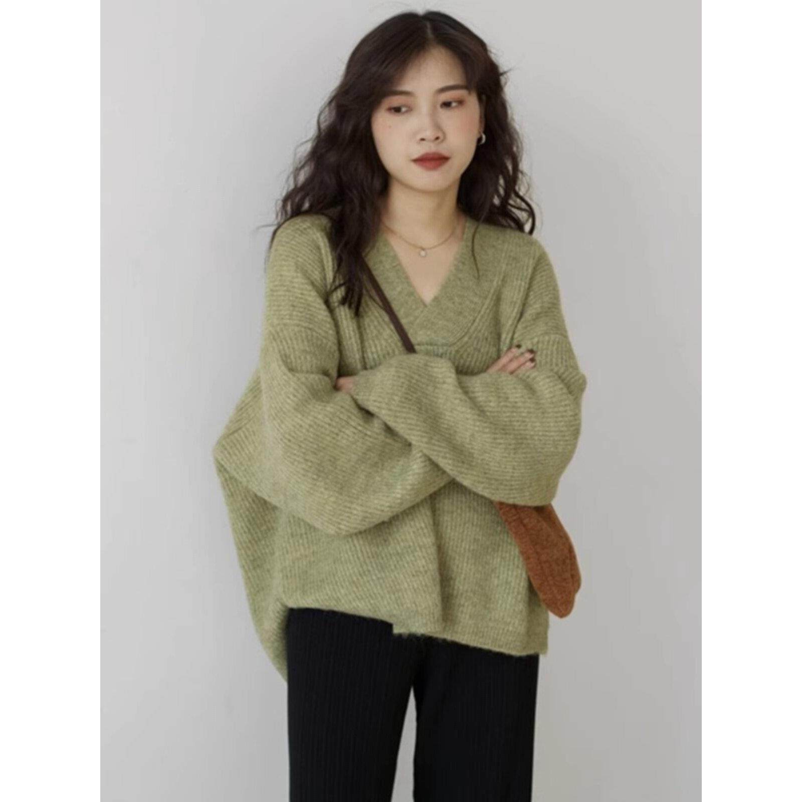 IT UNDER GARDEN 牛油果绿色毛衣女秋冬新款宽松慵懒风纯色V领针,女装/女士精品,大码内搭,淘宝优惠券,粉丝福利购,淘宝优惠卷