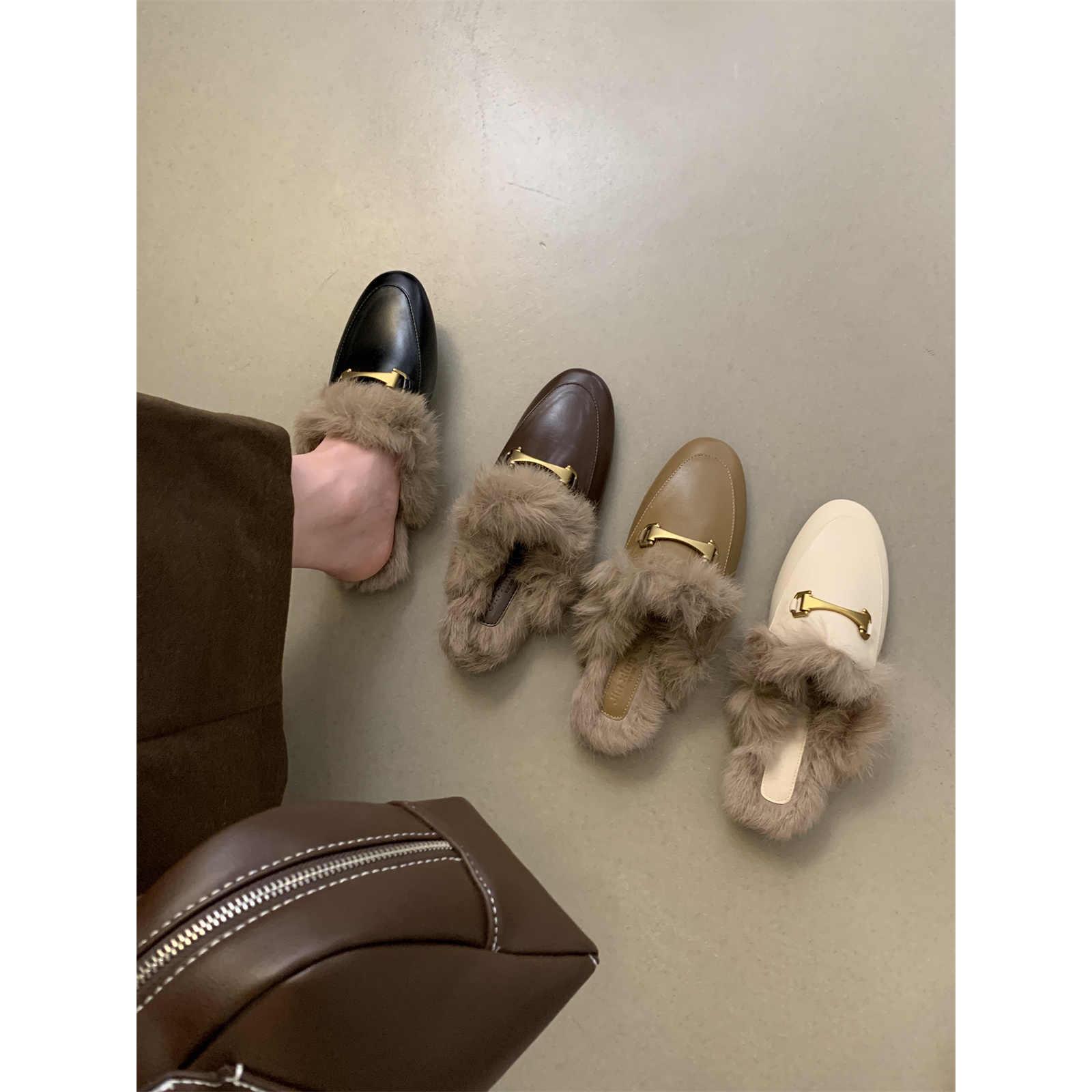 潮牌毛毛包头半拖鞋2025新款韩版气质休闲小皮鞋女平底加绒穆勒鞋
