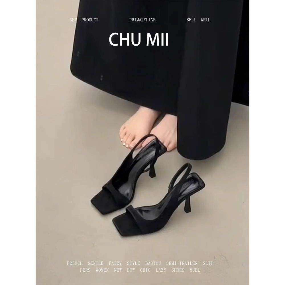 法国黑色露趾凉鞋2025新款简单的方趾细高跟鞋优雅的一行凉鞋和拖,女鞋,一字带凉鞋,淘宝优惠券,粉丝福利购,淘宝优惠卷