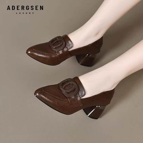 ADERGSEN英伦风尖头乐福鞋女粗跟软皮深口单鞋复古圆扣真皮女鞋