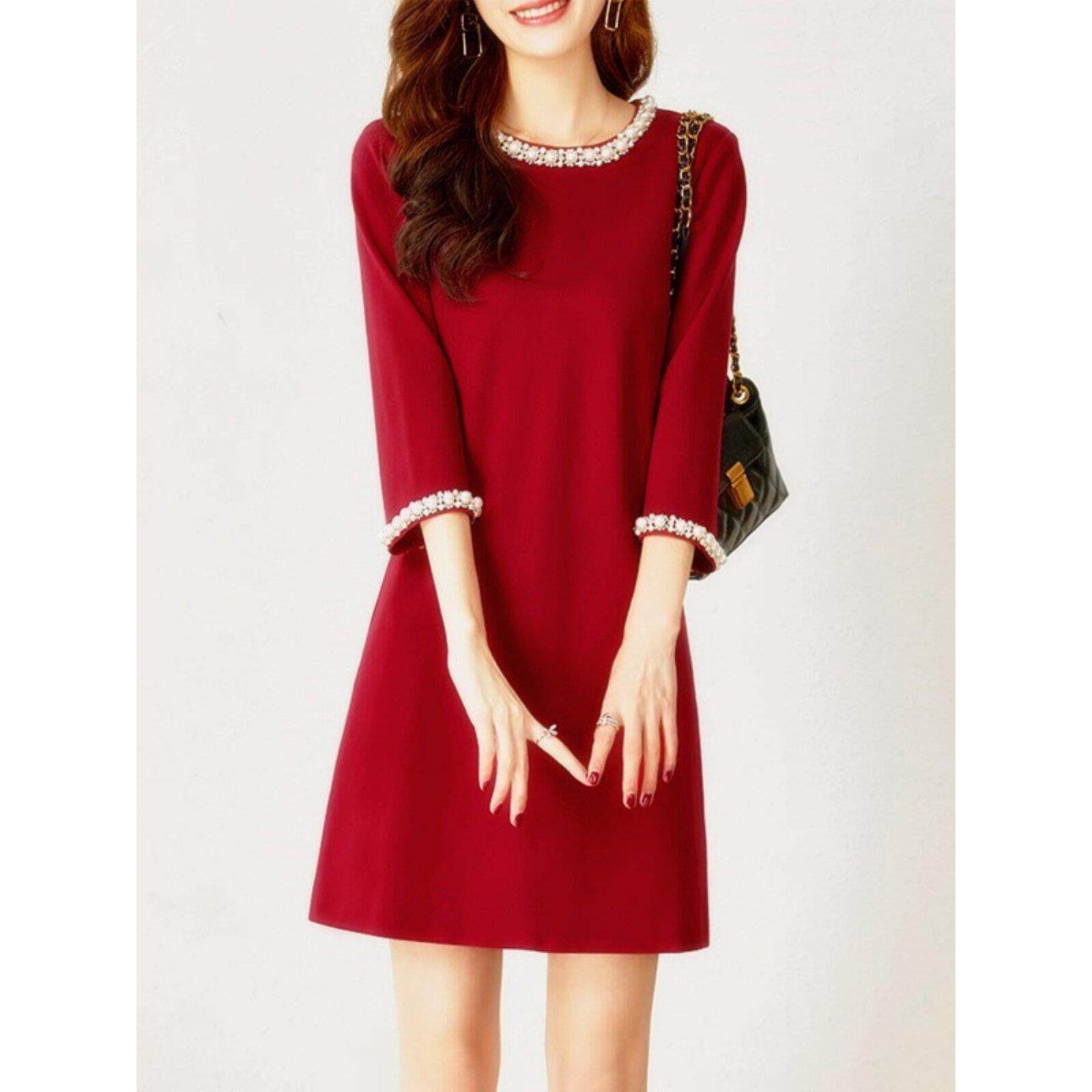 酒红色连衣裙女春季新款法式高级感大码礼服女小个子气质打底裙子