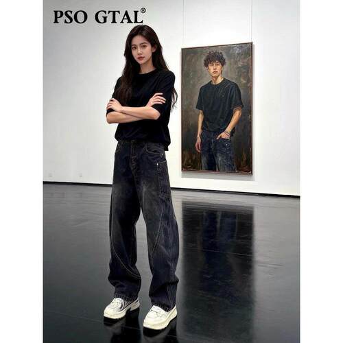 PSO GTAL美式高街斜切弯刀牛仔裤男款春季春季水洗做旧阔腿裤子直