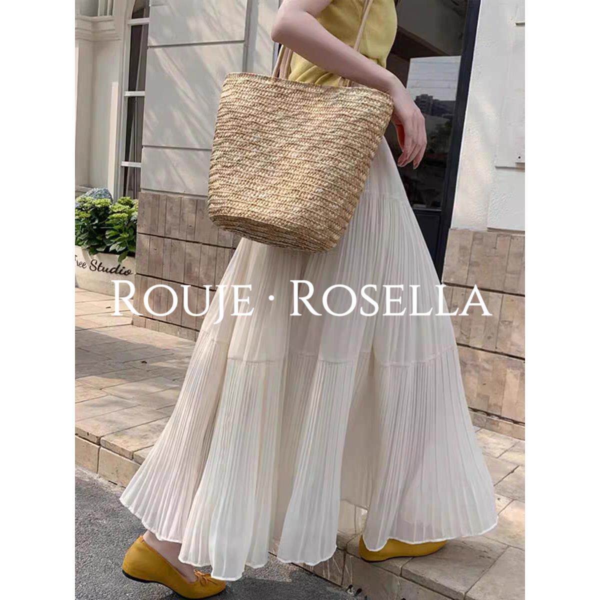 法国Rouje Rosella白色百褶裙半身裙女春夏高腰垂感a字蛋糕裙