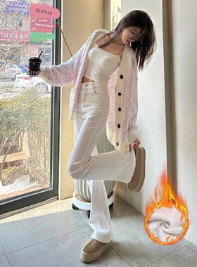 韩版白色微喇叭牛仔裤女秋冬加绒高腰修身显瘦垂感加长拖地马蹄裤