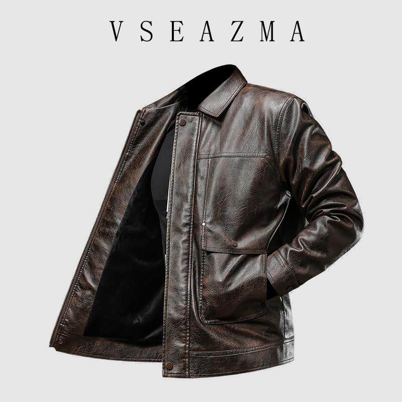 Vse Azma 皮衣冬季加绒加厚防风保暖男士机车外套复古翻领皮夹克