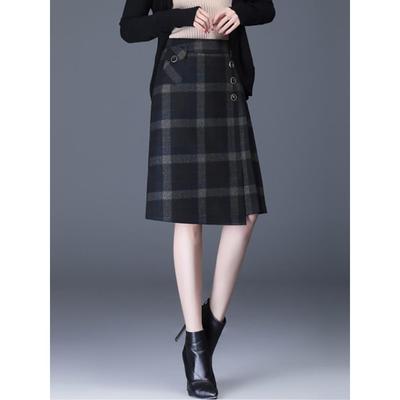格子半身裙女春秋2025年新款高腰显瘦中长款毛呢一步裙a字包臀裙