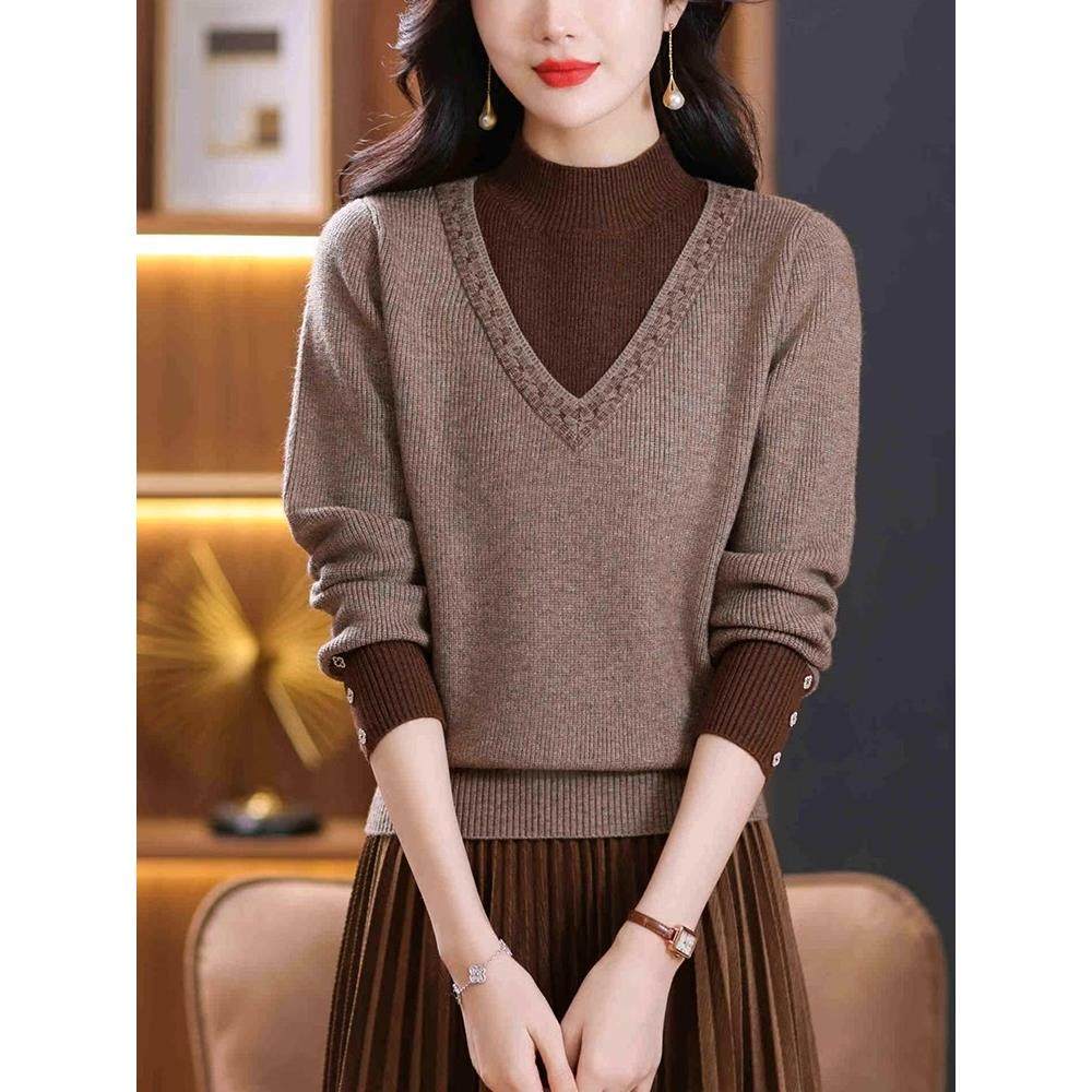 LILY MOST假两件撞色羊毛衫女2024秋冬时尚半高领短款毛衣针织衫