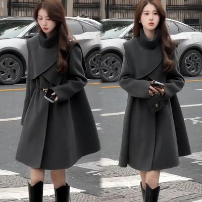 欧洲站2025年冬季新款中长款斗篷大衣女时尚气质宽松显瘦毛呢外套