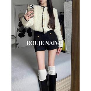 ROUJE NAIVE黑色配靴子毛呢短裤女春秋新款高腰显瘦a字打底休闲裤