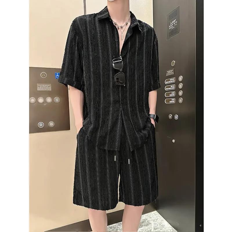 LL男装套装男夏季薄款痞帅风2025新款休闲宽松韩版轻奢透气潮衬衫