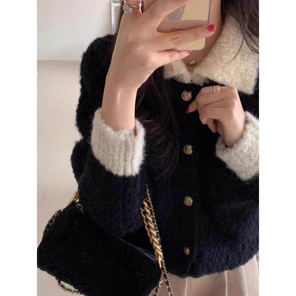 日系黑色小香风翻领针织开衫女秋冬季加厚软糯短款polo衫毛衣外套