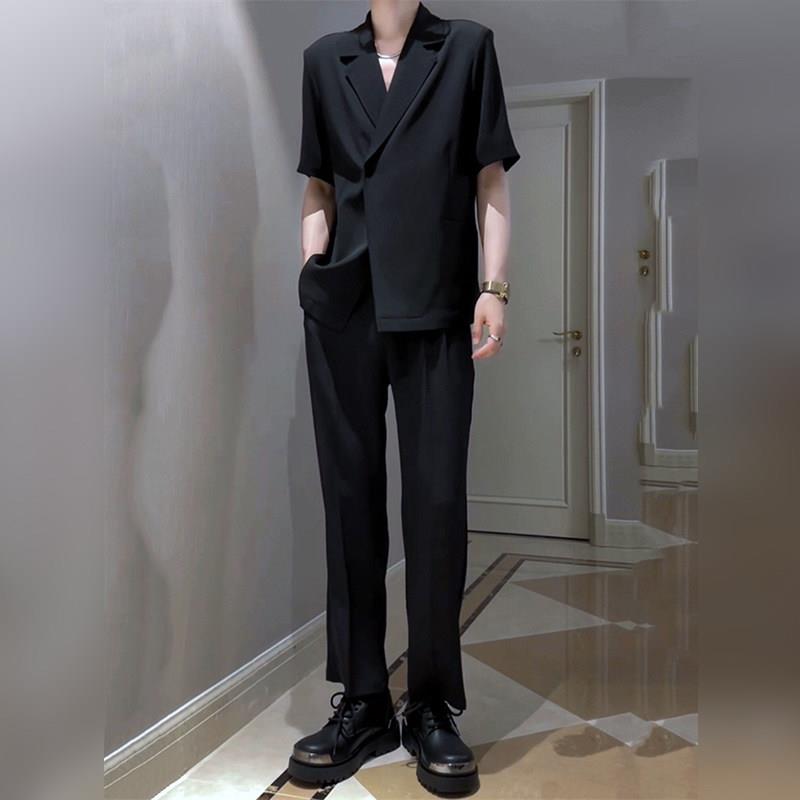 轻奢莱德搭配夏季痞帅西服套装男冰丝薄款时尚垂感短袖西装潮外套
