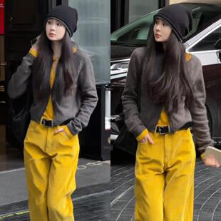 欧洲站时尚套装女2025年秋冬新款假两件针织衫灯芯绒弯刀裤两件套