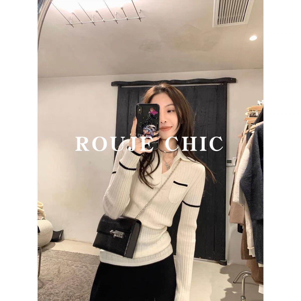 法国ROUJE CHIC法式复古风POLO领针织衫女洋气高级感时尚修身毛衣,女装/女士精品,大码内搭,淘宝优惠券,粉丝福利购,淘宝优惠卷