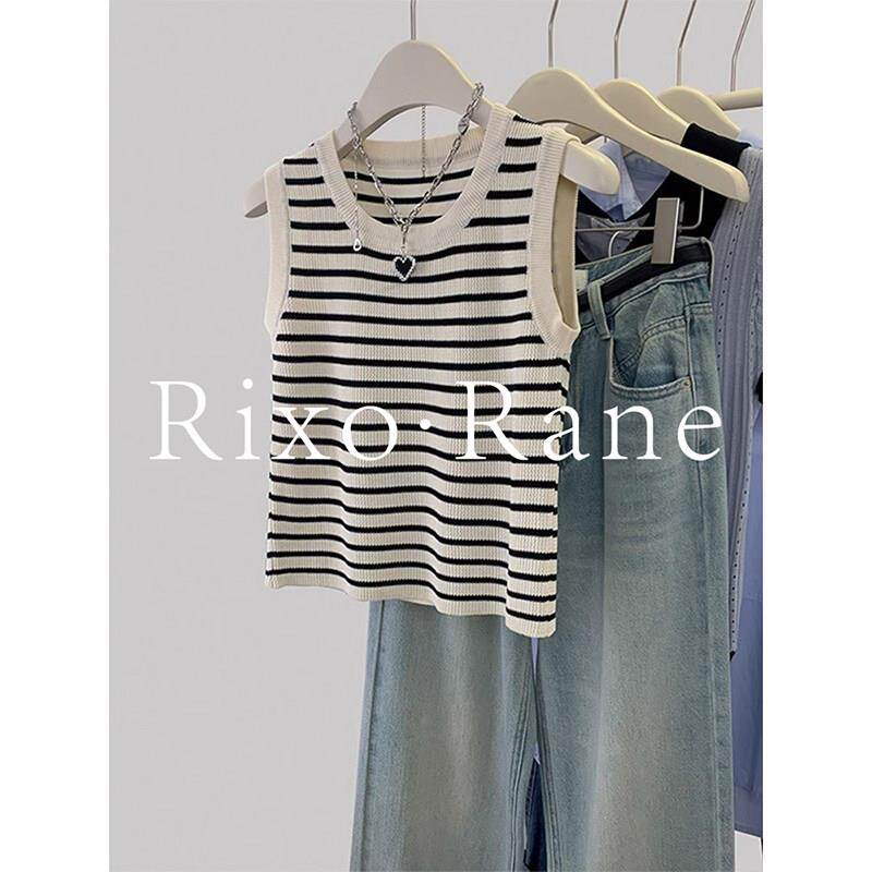 法式黑白吊带背心收腰显瘦 大码针织马甲无袖上衣