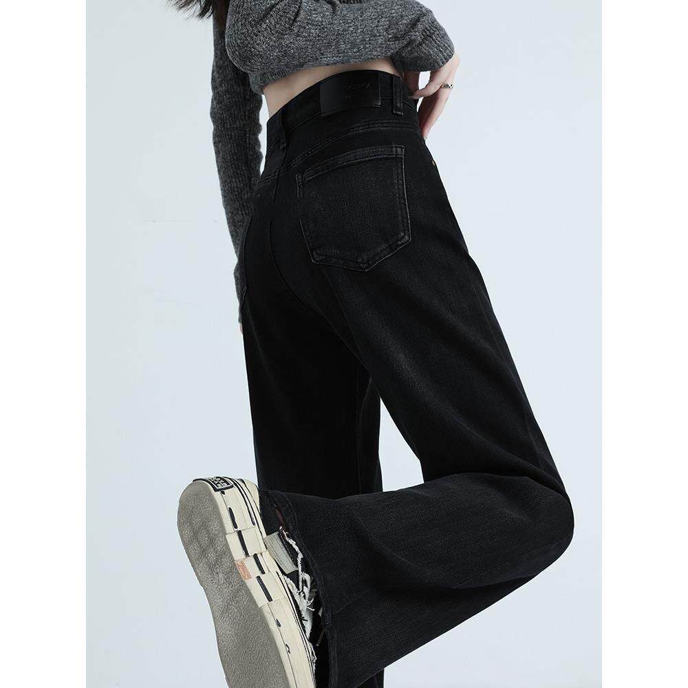 Canary Kiss黑色阔腿牛仔裤女2025春季高腰宽松显高窄版直筒裤子