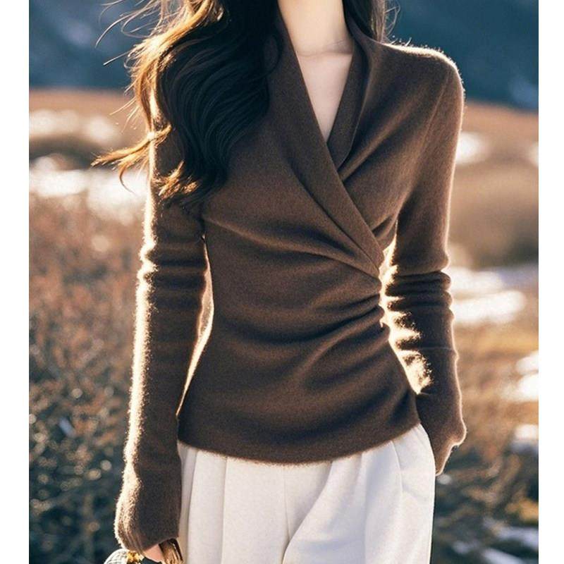 法式V领长袖独特别致毛衣打底衫女秋冬季设计感修身显瘦针织上衣,女装/女士精品,大码内搭,淘宝优惠券,粉丝福利购,淘宝优惠卷