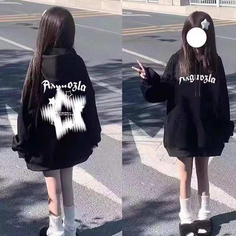 大童少女连帽加绒卫衣新款秋冬初中高中学生宽松小个子外套上衣服