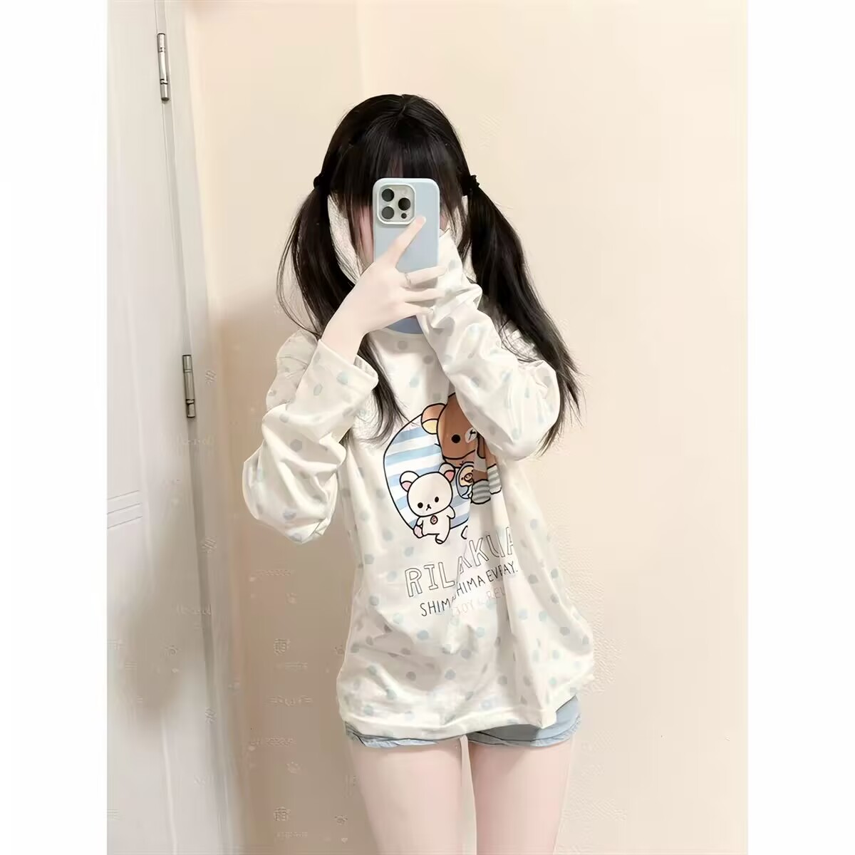 女大童春秋装日系软妹轻松熊长袖T恤初中学生春秋波点上衣打底衫t