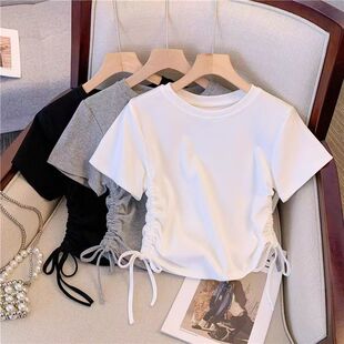 2026春夏新款初中学生设计感抽绳短袖T恤女大童修身短款洋气上衣