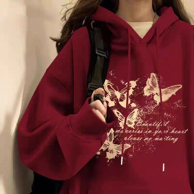 中学生酒红色连帽加绒卫衣春秋冬新款少女大童初高中生宽松上衣服