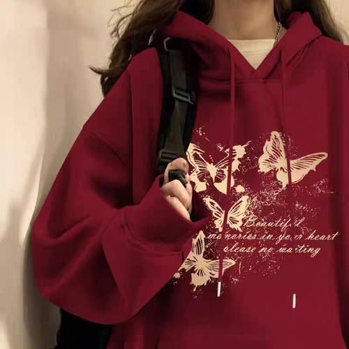 中学生酒红色连帽加绒卫衣春秋冬新款少女大童初高中生宽松上衣服