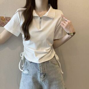 初中学生正肩短袖T恤春夏新款女大童Polo领拉链洋气短款抽绳上衣