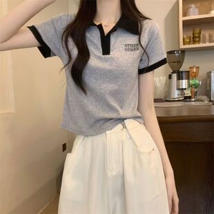 初中学生Polo领正肩短袖t恤夏季新款女大童小个子短款洋气上衣服