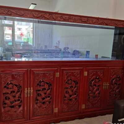 老榆木实木鱼缸中式精雕底柜订制鱼缸水族箱龙鱼缸大型超白鱼缸.