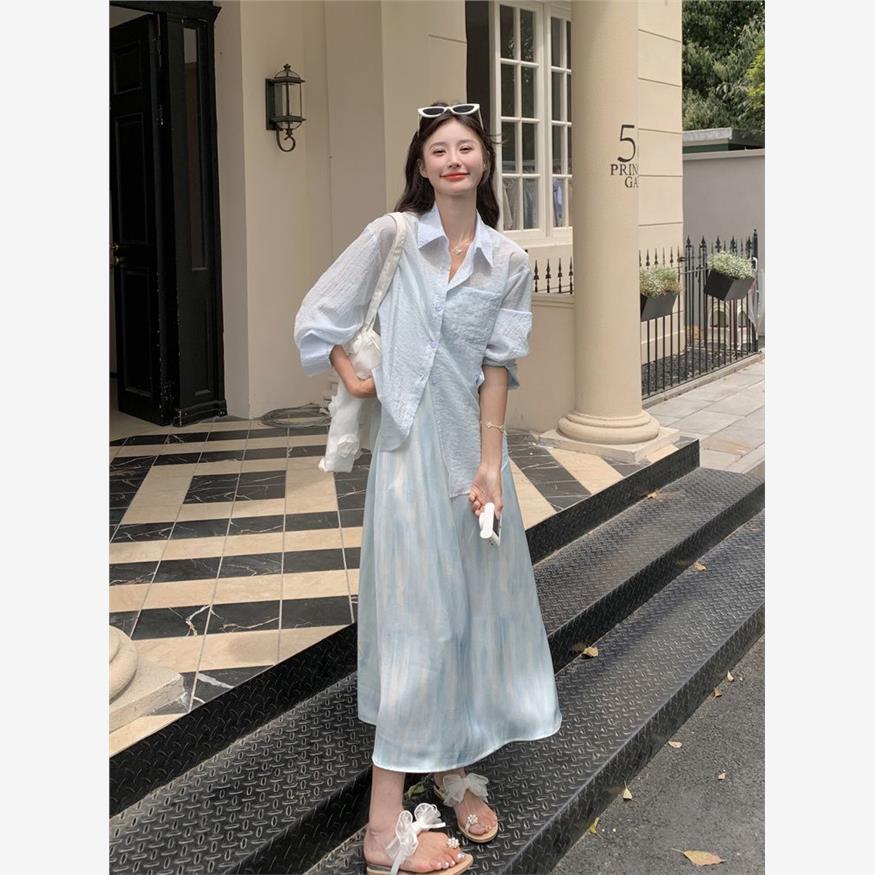胖MM大码300斤秋季法式赫本风御姐范长袖衬衫吊带连衣裙两件套女