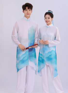 中国风新款古典舞武术演出服飘逸男舞蹈服装水墨书简大学生运动会