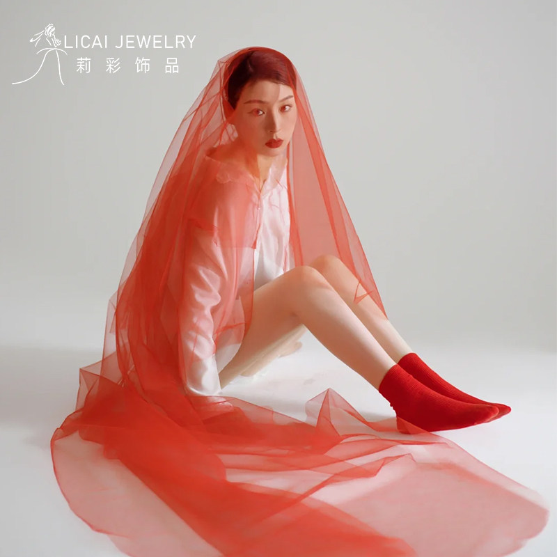 红色头纱中硬造型纱新娘结婚盖头软纱长拖尾5米10米影楼写真道具