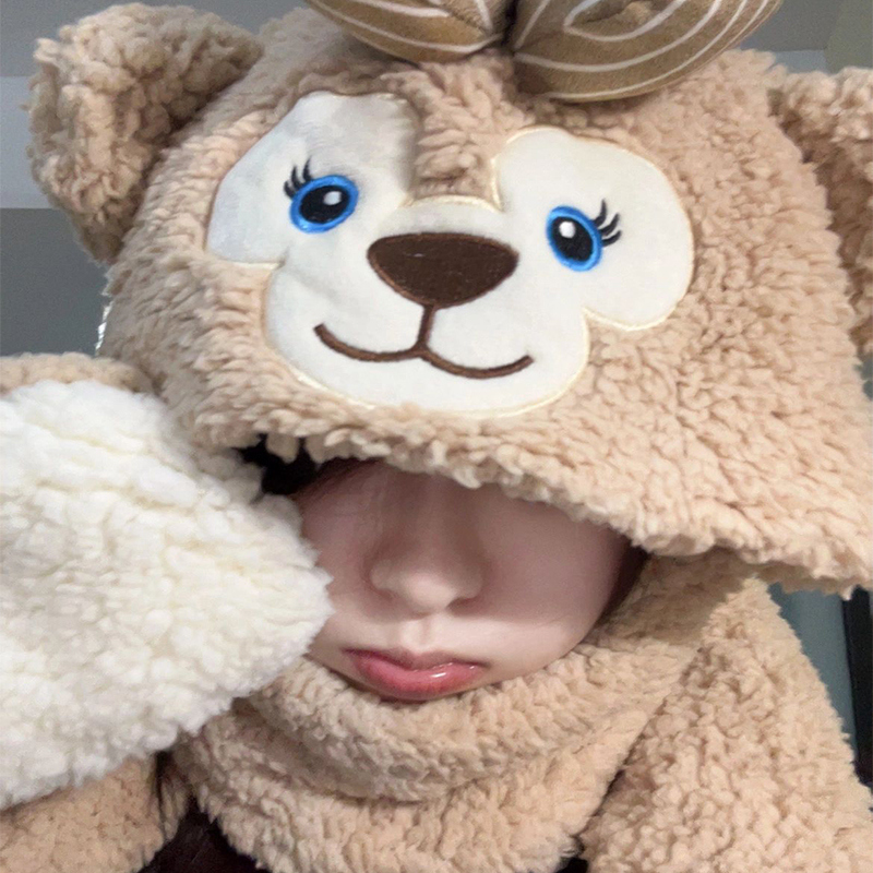 秋冬天帽子可爱达菲熊雪莉玫帽子围巾一体女迪士尼护耳帽防寒围脖