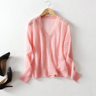 柔软舒适马海毛毛衣女V领套头薄款新款宽松慵懒风长袖针织衫