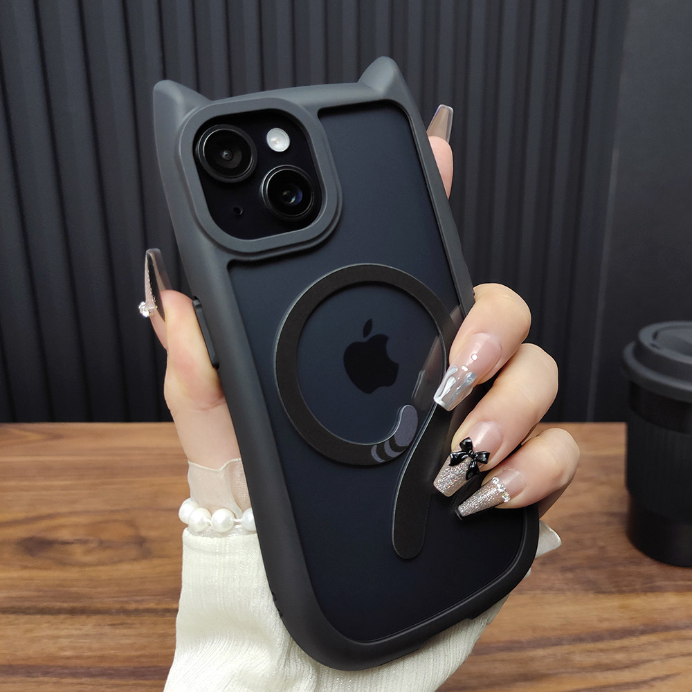 适用苹果16手机壳iPhone15ProMax猫耳朵14Plus透明防摔13磁吸充电12新款硅胶大孔可爱保护套时尚C62