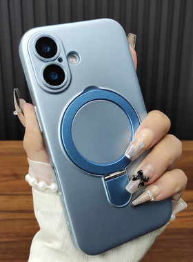 适用苹果17手机壳iPhone16Pro自带玻璃镜膜14Plus合金15折叠支架13磁吸充电12防摔硅胶简约保护套远峰蓝B67