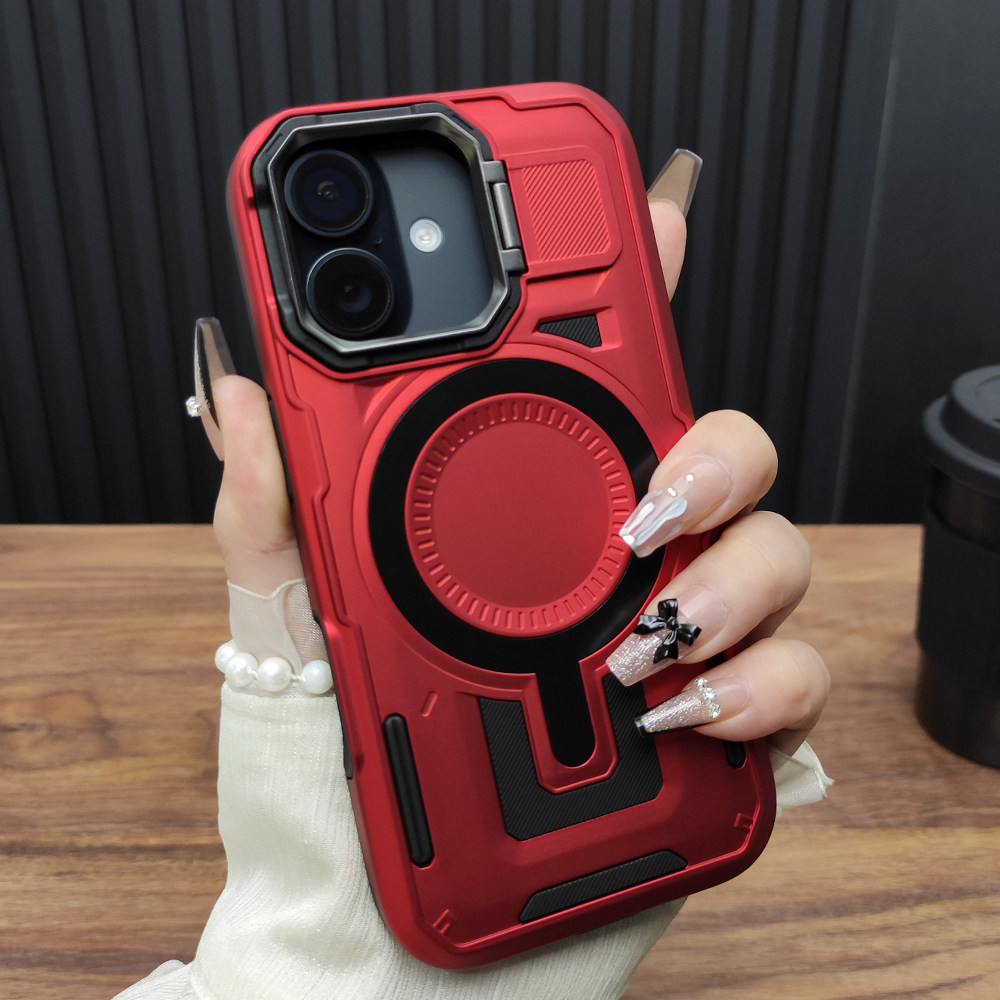 适用苹果16手机壳iPhone15ProMax合金折叠支架14Plus气囊防摔13磁吸12防摔大孔机甲个性11保护套中国红C35