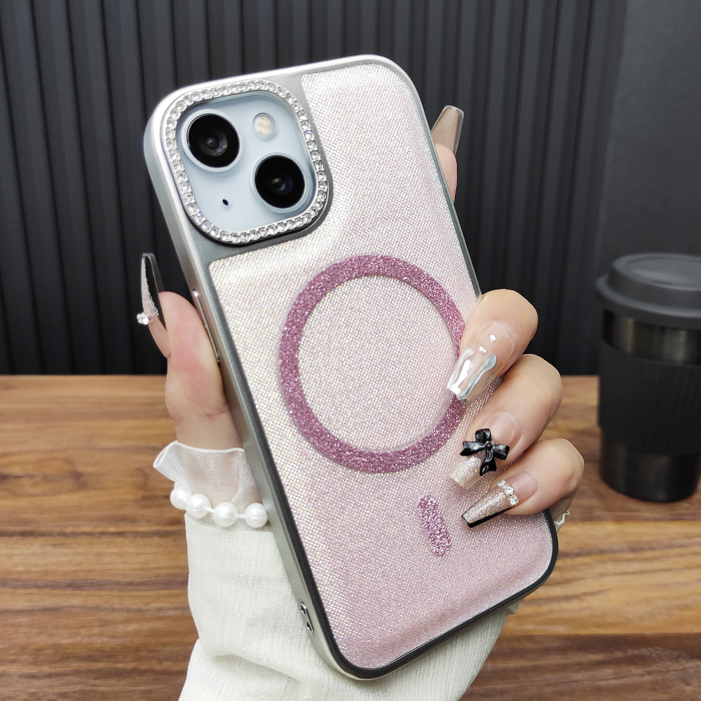 适用苹果16ProMax手机壳iPhone15星空闪粉14Plus电镀防摔13磁吸充电12新款简约镶钻保护套苹果粉D58