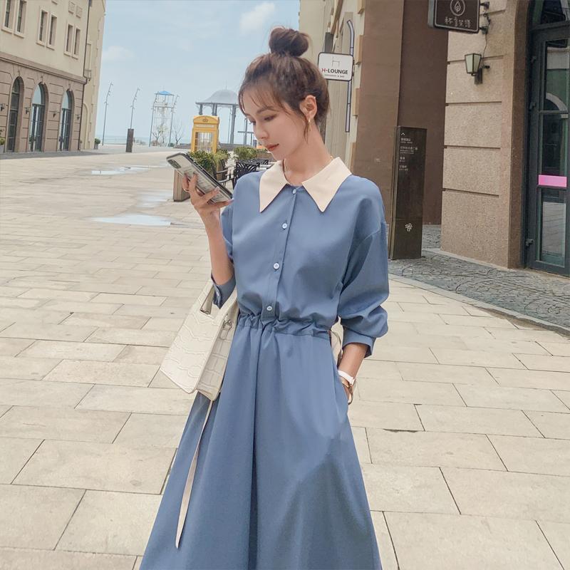法式拼色长袖衬衫连衣裙女秋季2022新款收腰显瘦遮肉气质减龄长裙_女装_女士精品