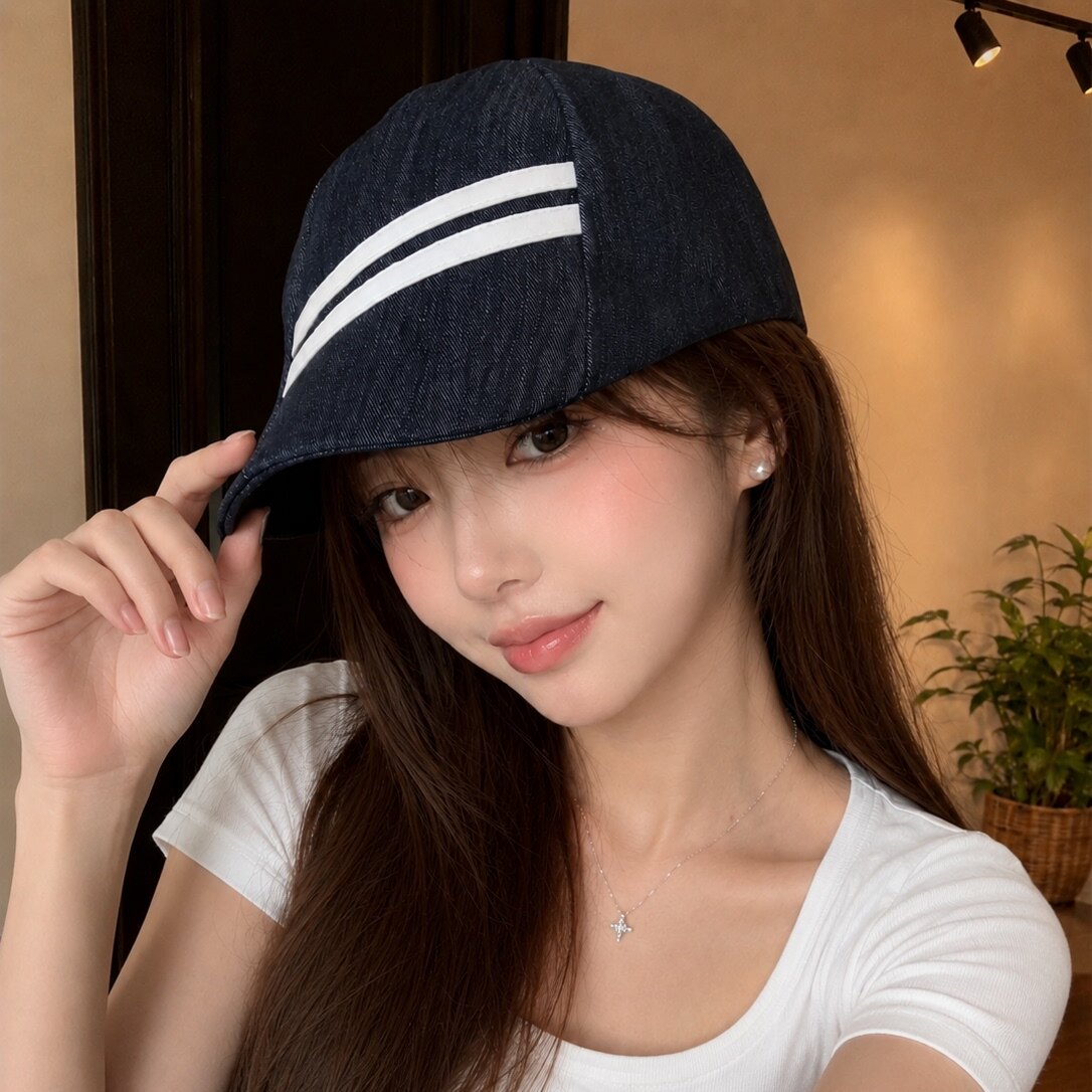 韩版黑条纹显脸小防晒鸭舌帽女