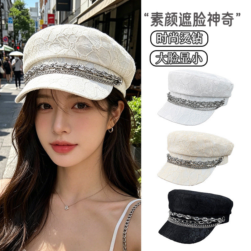 韩国时尚潮流蕾丝提花平顶帽子女春夏季薄款透气显脸小鸭舌报童帽