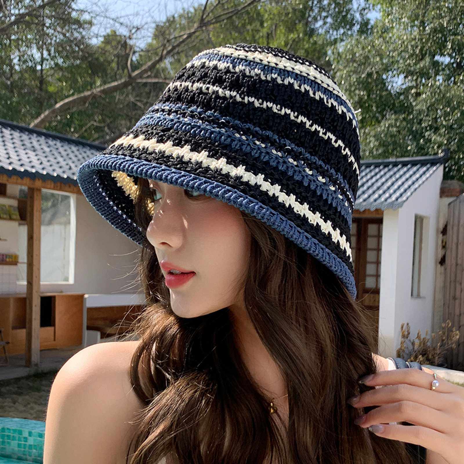 小清新撞色条纹针织帽子女款夏季百搭户外出游拍照遮阳镂空渔夫帽