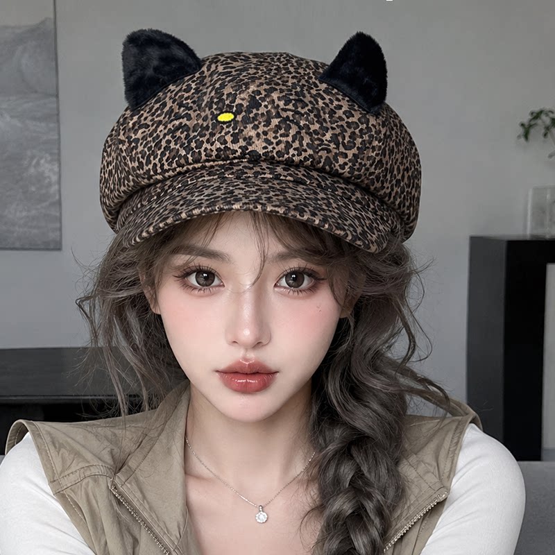秋季猫咪豹纹八角帽女款防晒
