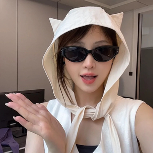 小恶魔绑带速干防晒遮阳帽子女夏季薄款护颈骑车可爱猫耳朵渔夫帽