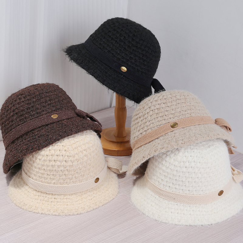 2025新款秋冬韩版绑带蝴蝶机针织渔夫帽子女保暖百搭显脸小盆帽潮
